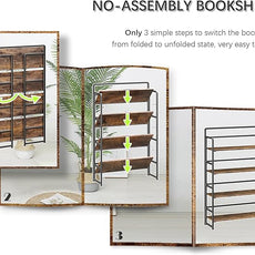 4NM No Assembly Extra Wide 4 Tiers Folding Bookshelf Storage Shelves Vintage Bookcase Standing Racks Study Organizer Home Office (Rustic Brown Black)
