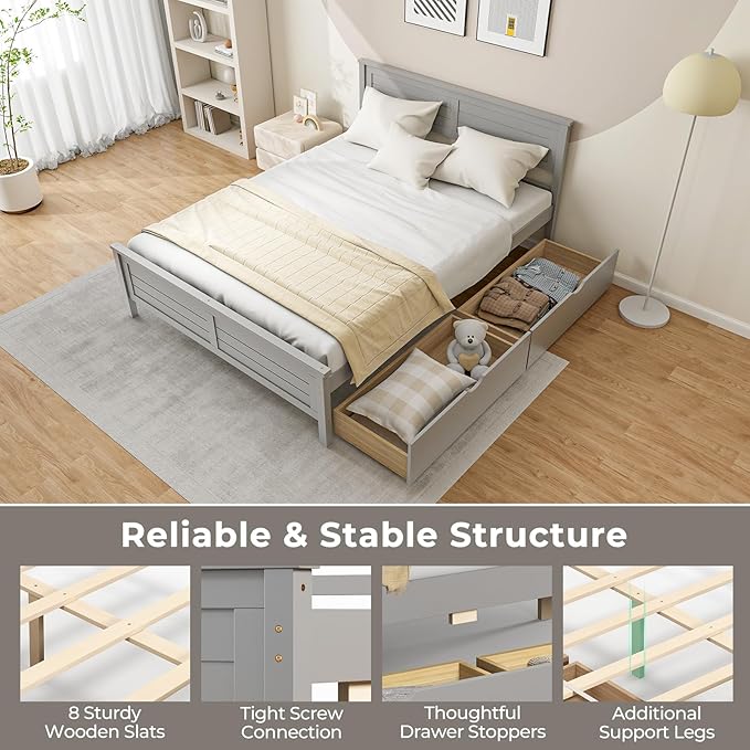 Giantex Wood Full Size Bed Frame with 2 Storage Drawers, Solid Wood Platform Bed with Headboard, Wooden Slats Mattress Foundation, No Spring Needed, Full Bed Frame for Kids, Teens, Adults, Grey