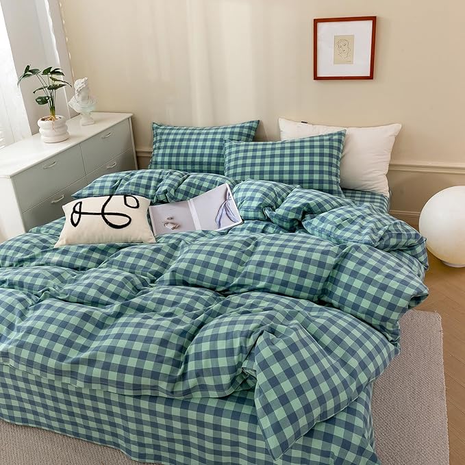 VM VOUGEMARKET 3 Pieces Plaid Duvet Cover Set King Washed Cotton Green Blue Checkered Printed Comforter Cover with Zipper Soft Lightweight & Breathable Quilt Cover Set King