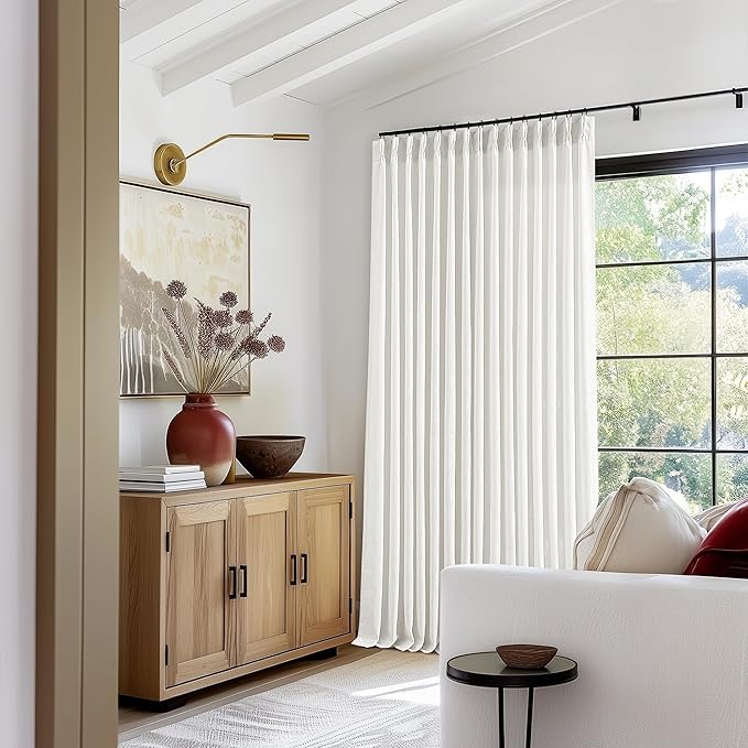 Beige White Pinch Pleated Extra Wide Curtain Panels 108 Inches Long 100 Inch Wide Linen Curtain for Sliding Glass Door Semi Sheer Hooks Rings Privacy 108 Inch Length Drape for Living Room 1 Panel