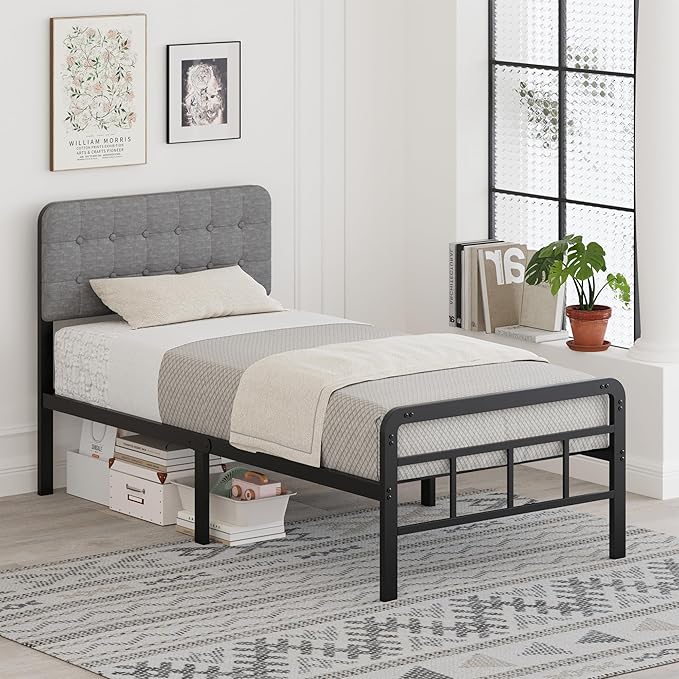 Twin Bed Frames with Upholstered Headboard and Metal Footboard 14 Inch, Twin Platform Bed Frame with Strong Metal Slats Support, Under-Bed Storage, Noise Free, Easy Assembly