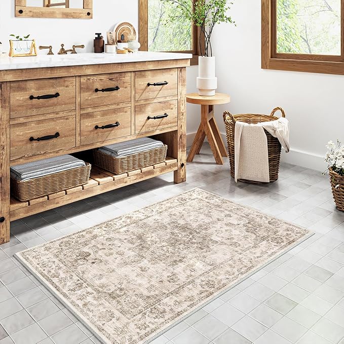 2x3 Washable Neutral Area Rug Brown Vintage Entryway Kitchen Carpet Non-Slip Soft Low Pile Floral Indoor Small Throw Rug for Bedroom Bathroom Entrance