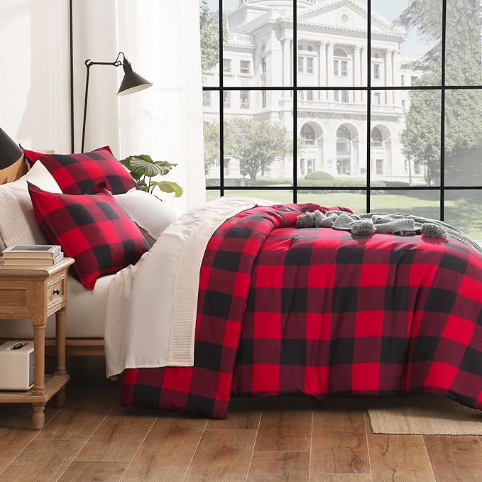 Andency Red and Black Plaid Comforter Set King(104x90Inch), 3 Pieces Buffalo Plaid Checkered Gingham Bedding Comforter Sets, Soft Burgundy Lightweight Geometric Down Alternative Bed Set