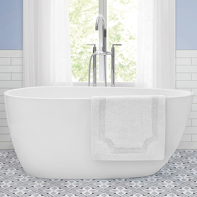 Laura Ashley - Reversible Cotton Bath Mat, Premium Bathroom Décor, Machine Washable Bathroom Rug, Highly Absorbent, 17"x24", White