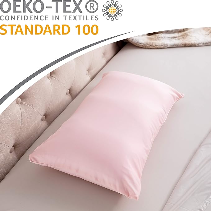 PILLOWY Premium Microbead Bed Pillow, Small Extra Fluffy But Supportive - Ultra Comfortable Sleep with Silk Like Anti Aging Cover 85% Spandex/ 15% Nylon Breathable, Cooling Cream Peach