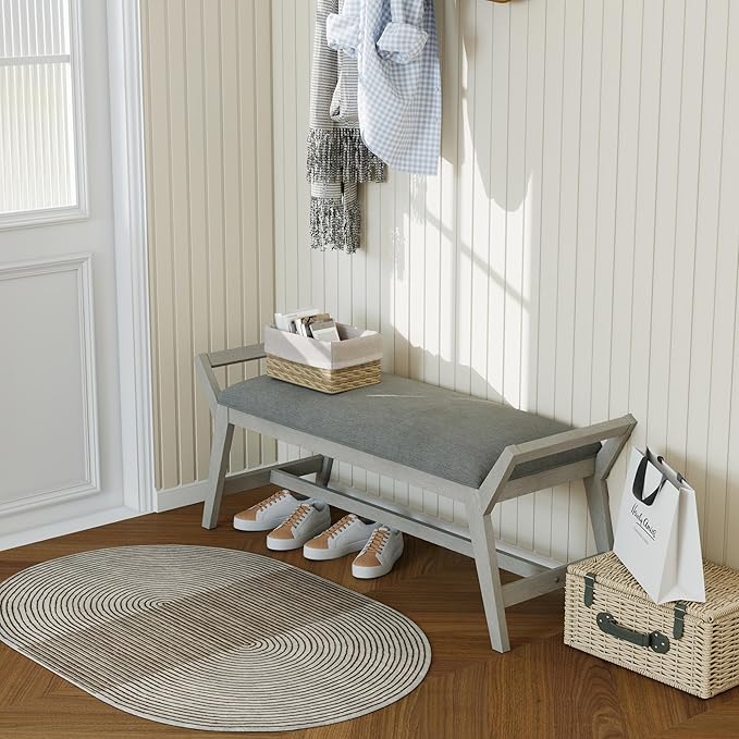 51" End of Bed Bench, Entryway Bench with Solid Wood Frame Fabric Upholstered Ottoman Bench for Bedroom/Entry/Hallway/Living Room, Chenille Grey