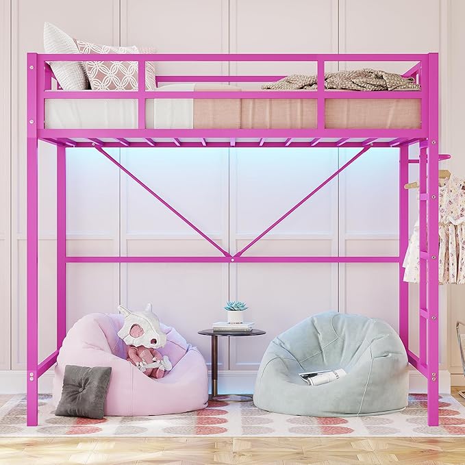 DICTAC Loft Bed Twin Size with Ladder and Guardrail,Metal Twin Loft Bed with Led Lights,Pink Loft Bed for Girls,Small Space Saving Design for Bedroom,Kid Room and Dorm,No Box Spring Needed, Pink