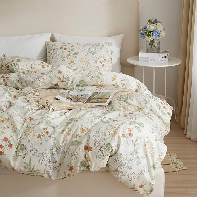 mixinni White Duvet Cover Set with Green Leaves Twin Size 100% Cotton Flower Printed Bedding Set 1 Duvet Cover 2 Pillowcases for Teen Girls, Ultra Soft, Breathable, Comfortable(3pcs, Twin Size)