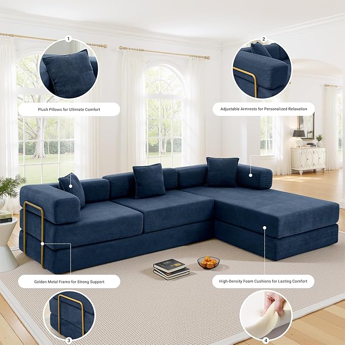 108" Oversized Convertible Sleeper Sofa Bed, Corduroy L Shape Sectional Couch, Folding Sofa Bed with Fixed-Shape Frame, Modern Cloud Floor Mattress Couch, Modular Sofa for Living Room, Blue