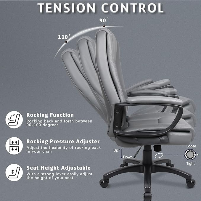 LEMBERI Office Desk Chair, High Back Executive Computer Chair, Ergonomic Big and Tall Adjustable PU Leather Chairs with Padded Armrest for Long Time Sitting, Grey