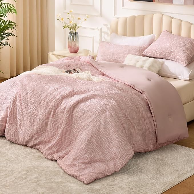 BEDELITE Blush Pink Queen Comforter Set - 3 Pieces Boho Tufted Jacquard Bedding Comforter Sets, Lightweight Soft & Warm Bed Comforter Queen with 2 Pillowcases for All Season