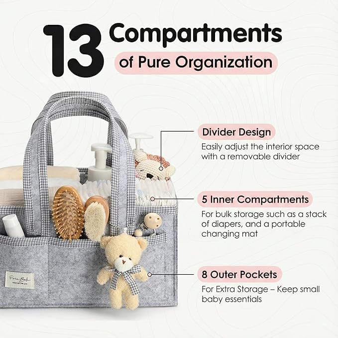 PeraBella Diaper Caddy Organizer with Handle, Baby Shower Gifts Basket Bag, Registry Search Must Haves Items, Nursery Storage Organizer for Newborn Girl Boy, Baby Bag Essentials, Car Diaper Caddy Cart