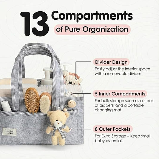 PeraBella Diaper Caddy Organizer with Handle, Baby Shower Gifts Basket Bag, Registry Search Must Haves Items, Nursery Storage Organizer for Newborn Girl Boy, Baby Bag Essentials, Car Diaper Caddy Cart