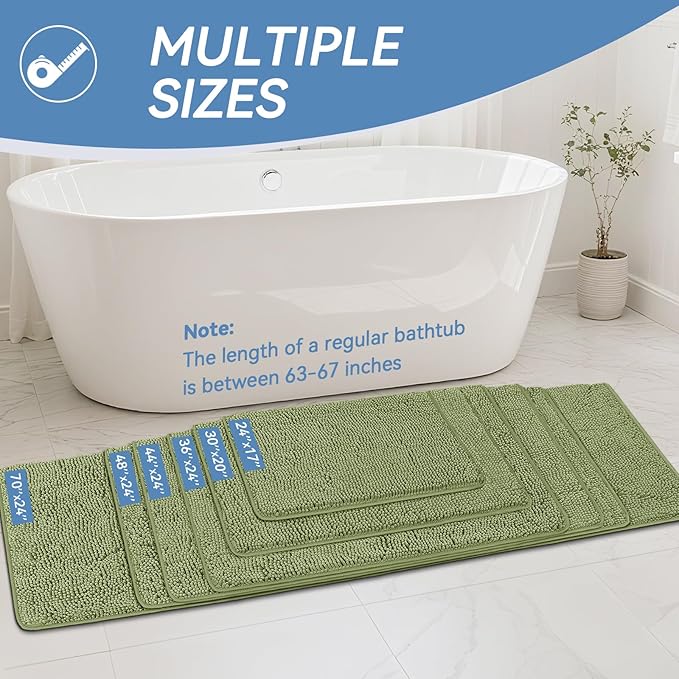Bcoimo 48"×24" Absorbent Bath Mat, Non-Slip with Backing Chenille Bath Rug and Machine Washable Bathroom Mat Quick-Dry Design. Ideal for Bathroom and Tub Areas