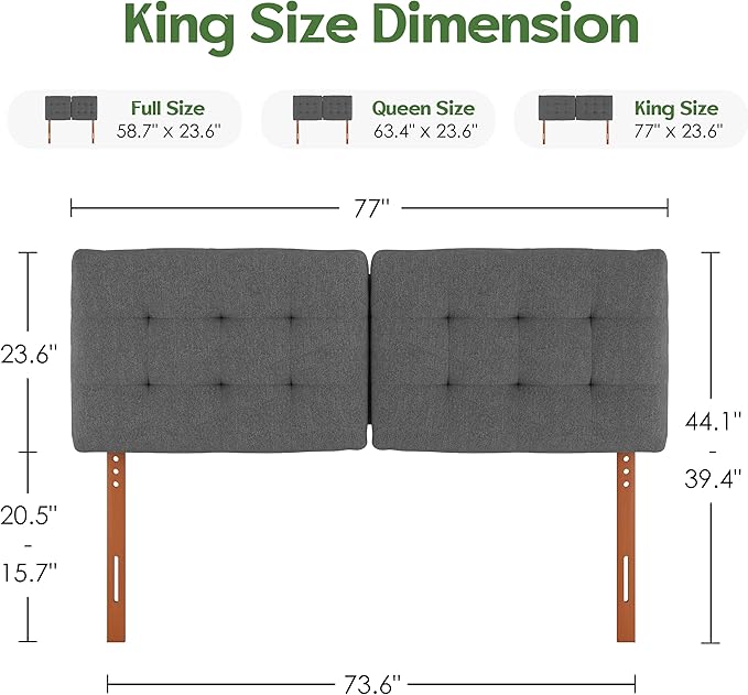 Tufted Upholstered King Headboard, King Size Headboard Only with Durable Solid Wood Legs, Modern Button Diamond Fabric Head Board with Adjustable Height from 39" to 44" and Width Adapters, Grey