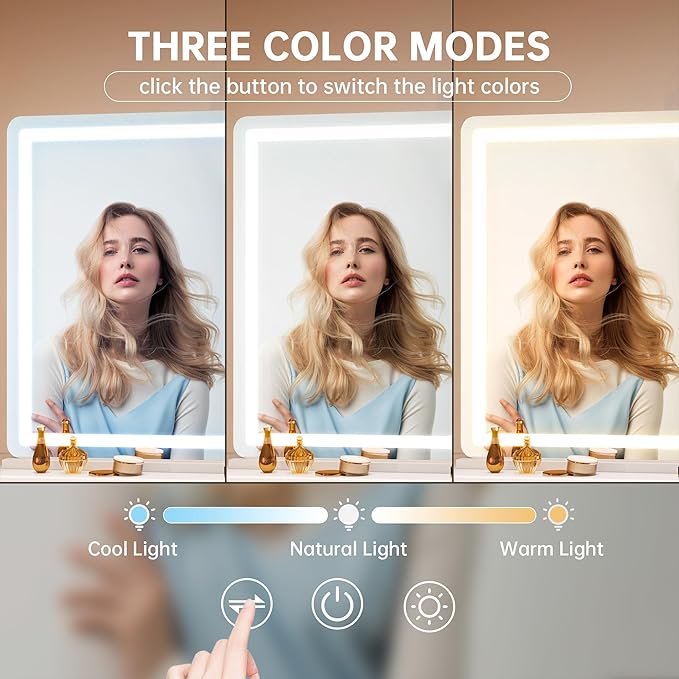 Hasipu Vanity Mirror with Lights, 55.1" x 36" LED Makeup Mirror, Lighted Makeup Mirror with Dimmable 3 Modes, Touch Screen Control Vanity Mirror Round White