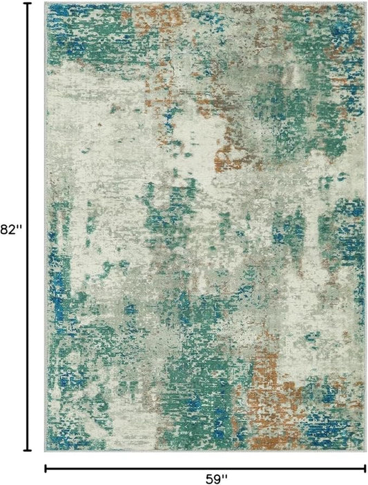 Lahome Modern Abstract Area Rug 5x7 Rugs for Living Room, Washable Accent Bedroom Rug Non-Slip Non Skid, Indoor Floor Contemporary Carpet for Kitchen Bathroom Laundry,Green/Grey
