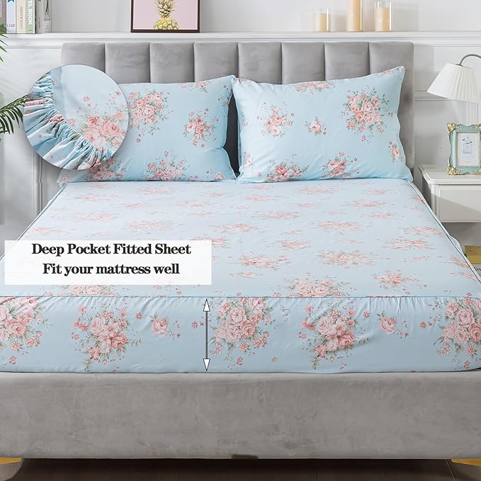 FADFAY Sheets Set Blue Rose Floral Bedding Rustic Peony Flower Bed Sheet Set Vintage Farmhouse Bedding 100% Cotton Soft Breathable Beddings with Deep Pocket Fitted Sheet 4Pcs, California King Size