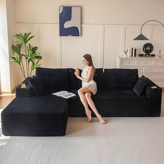 MAXYOYO 104" Modular Sectional Couch with L-Shape Chaise, Modern Boneless Couch for Living Room, Sofa in A Box, Oversized Sofa Sleeper with Deep Seat, No Assembly Required, Black
