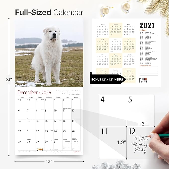 RED EMBER Great Pyrenees 2026 Wall Calendar 12 Month | 12" x 24" Open | Thick & Sturdy Paper | Holiday Gift | Cute Puppy Dog Calendar 2026