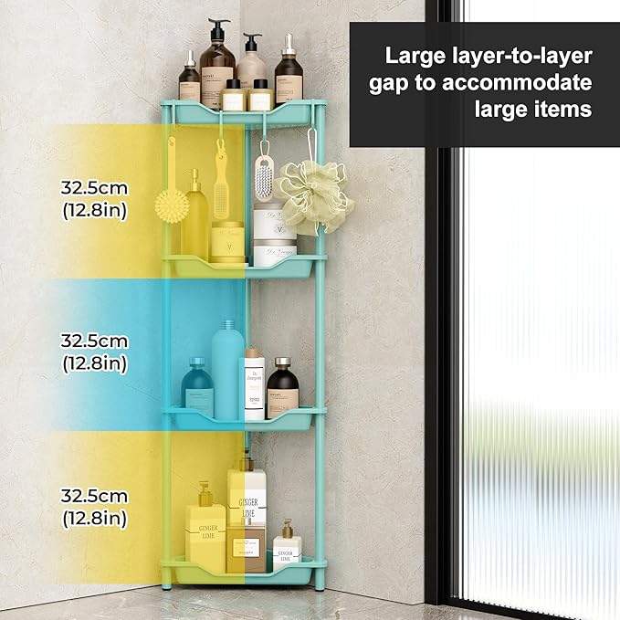 Orimade Rustproof 4 Tier Floor Standing Corner Shower Caddy Organizer, Plastic Metal Splicing Floor Corner Shelf Rack Stands for Bathroom, Blue