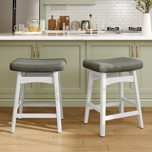 MAISON ARTS White Counter Height Bar Stool for Kitchen Counter Solid Wood Legs with Faux Leather Saddle Seat Farmhouse Barstools for 34"-38" Counter Island Upholstered Stools, 24in Height