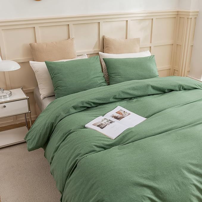 ECOCOTT Sage Green Duvet Cover King Size, 3 Piece 100% Washed Cotton 1 Duvet Cover with Zipper and 2 Pillowcases, Ultra Soft and Easy Care Breathable Cozy Bedding Set(Sage Green, King)