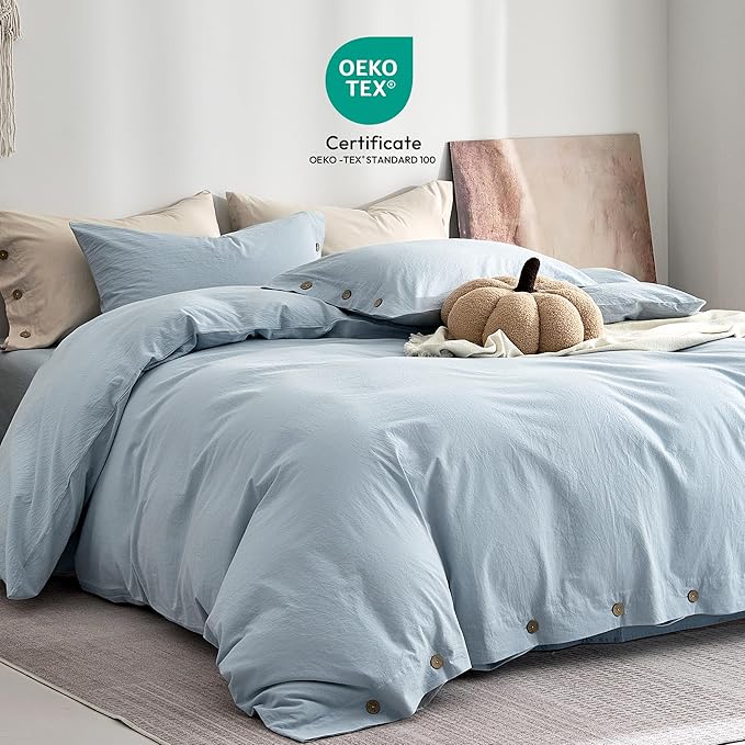 JELLYMONI 100% Washed Cotton Duvet Cover Queen – Soft, Breathable Linen-Look Bedding with Natural Wrinkle Texture, Button Closure, 3-Piece Set (Mist Blue, 90"x90")