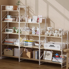 JSB No Assembly Folding Bookshelf, 5 Tier Industrial Metal Book Shelf for Storage, Vintage Wood Foldable Bookcase for Living Room, Bedroom, Office Organization Shelves