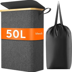 Lifewit 50L Slim Laundry Hamper with Lid, Narrow Laundry Basket with Removable Bag & Bamboo Handles, Fodable Thin Dirty Clothes Hamper for Laundry Collapsible Bin for Bathroom Bedroom Dorm, Dark Gray