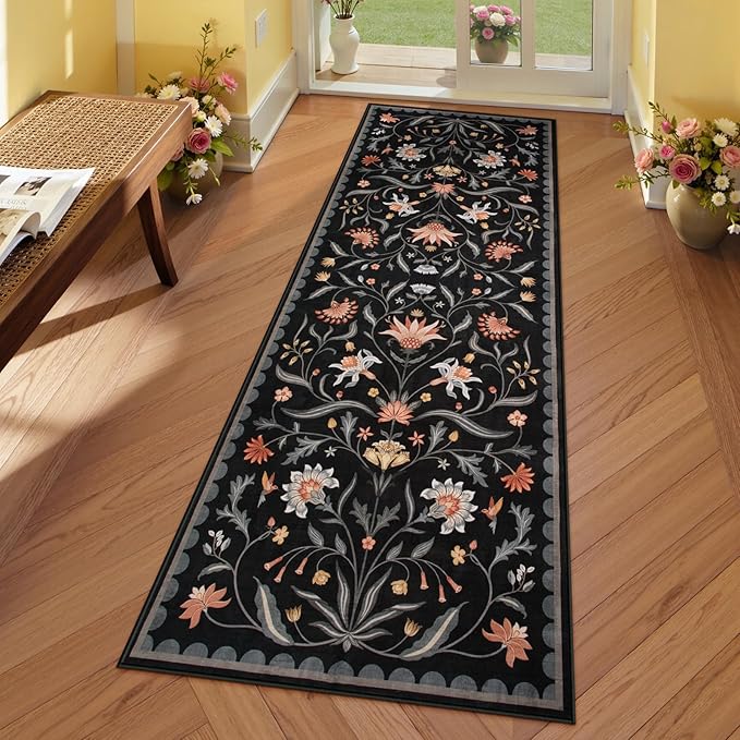 Lahome Boho Floral 2x6 Rug Runners for Hallways Non Slip, Black Kitchen Runner Rugs Non Skid Washable Bathroom Carpet Runner, Soft Non-Slip Runners for Entryway Laundry(Black,2x6)