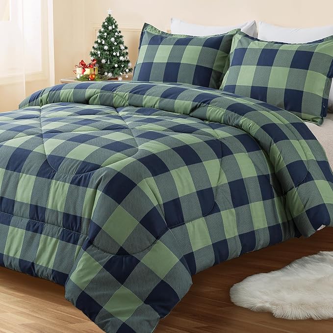 Andency Green Plaid Comforter Full(79x90Inch), 3 Pieces (1 Comforter, 2 Pillowcases) Buffalo Checkered Gingham Bed Set, Soft Geometric Bedding for Boys