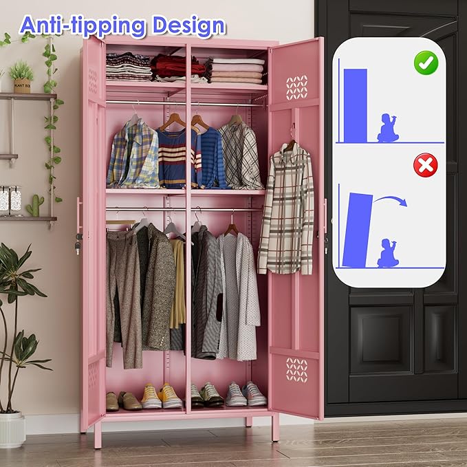 Aobabo Metal Wardrobe Cabinets with Lock, 2 Door Metal Closet with 4 Adjustable Shelves and 2 Hannging Rod, Lockable Locker Cabinet, Storage Locker for Home, Office,Pink, Assembly Required