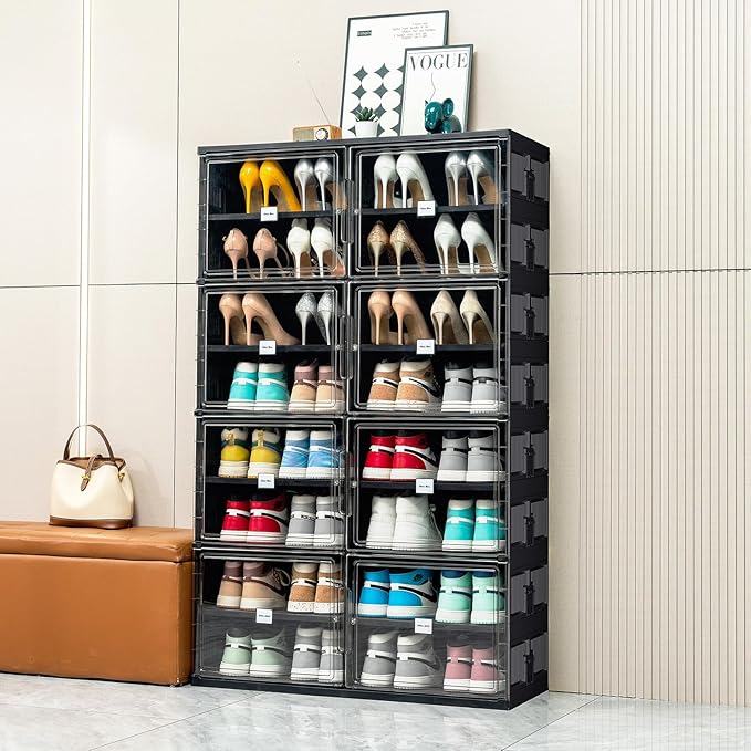 JEKO&JEKO 8 Tiers Foldable Shoe Rack Organizer Cabinet for Closet Entryway, Large Collapsible Shoe Storage Box with Magnetic Doors (Black)