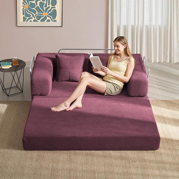 YINIX Foldable Sofa Bed, 62'' Folding Floor Couch, Compressed Convertable Sleeper Sofa, Memory Foam Couch with Pillow Back Support Armrest, 4-in-1 Futon Sofa Bed for Living Room, Wine Red
