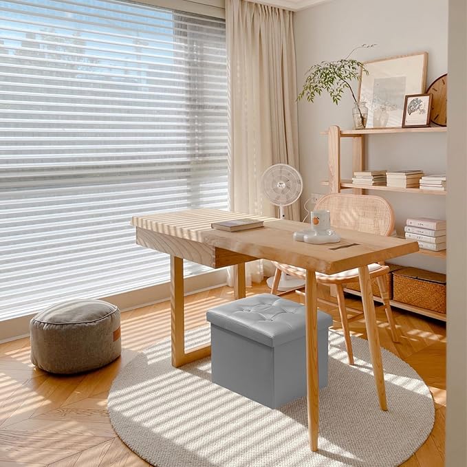 AmasSmile Storage Ottoman Folding Foot Rest Stool, Leather Footstool Bench, Short Ottoman Stool, Storage Foot Rest Store, Books (Grey, 17" D x 13" W x 13" H)