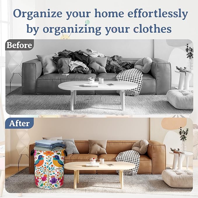 Bird Flower Laundry Basket,Oxford Cloth Mexico Laundry Hamper With Handle Foldable Portable Clothes Storage Basket for Laundry Room/Bedroom/Bathroom 20.8"x16"
