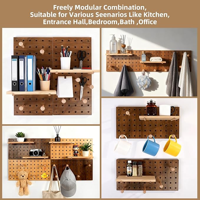 Brown Wood Pegboard Modular Display Wooden Pegboard Combination Wall Organizer Storage Wall Hooks Shelf for Home, Office, Bathroom, Comes with 2 Pieces Pegboards