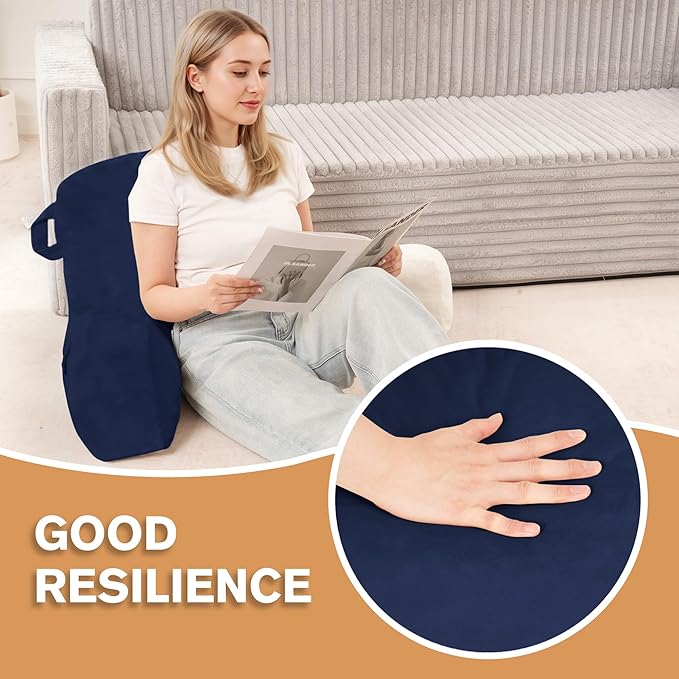 Portable Comfy Reading Pillows for Bed Sitting Up(Royal Blue Oeko-Tex), Velvet Back Pillow with Arms & Pockets for Adults, Support Memory Foam Bed Pillow for Dorm/Reading/Watching/Gaming