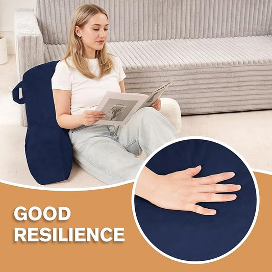 Portable Comfy Reading Pillows for Bed Sitting Up(Royal Blue Oeko-Tex), Velvet Back Pillow with Arms & Pockets for Adults, Support Memory Foam Bed Pillow for Dorm/Reading/Watching/Gaming
