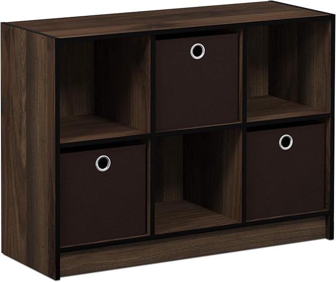 Furinno BASIC Book Shelf, 6-Cube Bookshelf, 3 x 2 Bookcase with Storage Bins, 11.9 x 31.6 x 23.6, for Living Room, Bedroom, Home Office, Columbia Walnut