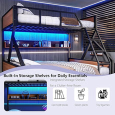 Queen over King Bunk Bed with Storage Shelves, Metal Bunk Beds with Ladders and LED Lights, Heavy-duty Bunkbed for Bedrooms, Guest Rooms and Dorms, No Box Spring Needed and Noise-free Design, Black