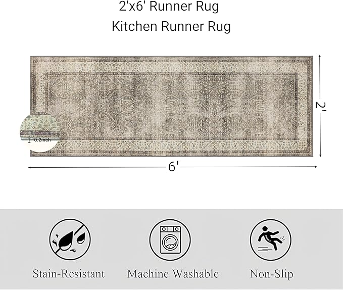 RCTJHOME 2'x6' Runner Rug for Hallway with 4 Non-Slip Tapes, Machine Washable Kitchen Boho Runner Rug, Distressed Bedroom Beside Rug, Laundry Room, Farmhouse Entryway Mat, Retro Golden Brown Multi