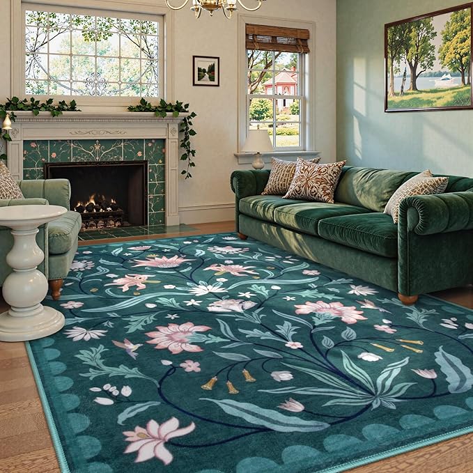 Lahome Boho Floral Washable Dark Teal 8x10 Area Rugs for Living Room, Non Slip Rugs for Bedroom, Ultra-Thin Indoor Throw Dining Room Carpet for Under Table Home Office Playroom(Dark Teal,8x10)