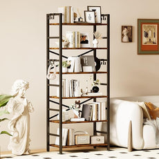 Homeiju 6 Tier Bookshelf, Industrial Bookcase with 8 Hooks, Vintage Storage Rack with Open Shelves, Rustic Standing Bookshelves Metal Frame Display Rack for Living Room, Bedroom, Rustic Brown