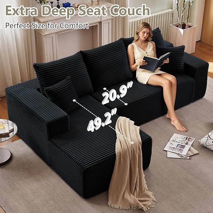 107" Cloud Sectional Couch with L-Shape Chaise, Modern Modular Comfy Sofa with Deep Seat, Upholstered Corduroy Couches Sleeper Chaise Longue for Living Room Bedroom, No Assembly Required, Black
