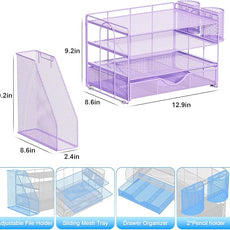 gianotter Desk Organizers and Accessories with File Holder, 4-Tier Desk Accessories & Workspace Organizers with Drawer and 2 Pen Holder, Paper Organizer for Office Supplies (Purple)