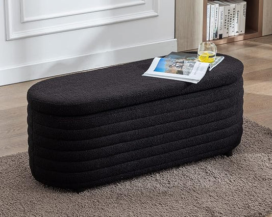 Storage Ottoman Bench Upholstered Fabric Storage Bench End of Bed Stool with Safety Hinge for Bedroom, Living Room, Entryway (45.5-inch, Black)