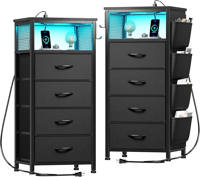EnHomee Black Nightstand Set of 2,Night Stand with Charging Station & LED, Bedside Table with Fabric Drawers and Storage Shelf, Sturdy Steel Frame, Wood Top, Cloth Bags, Hooks, Black