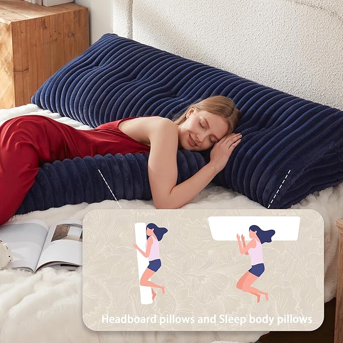 Headboard Pillow + A Long Neck Roll Pillow Body Pillow，Faux Fur Headboard Wedge Pillow with Removable Cover (Blue, Queen：59x8x20 inches)